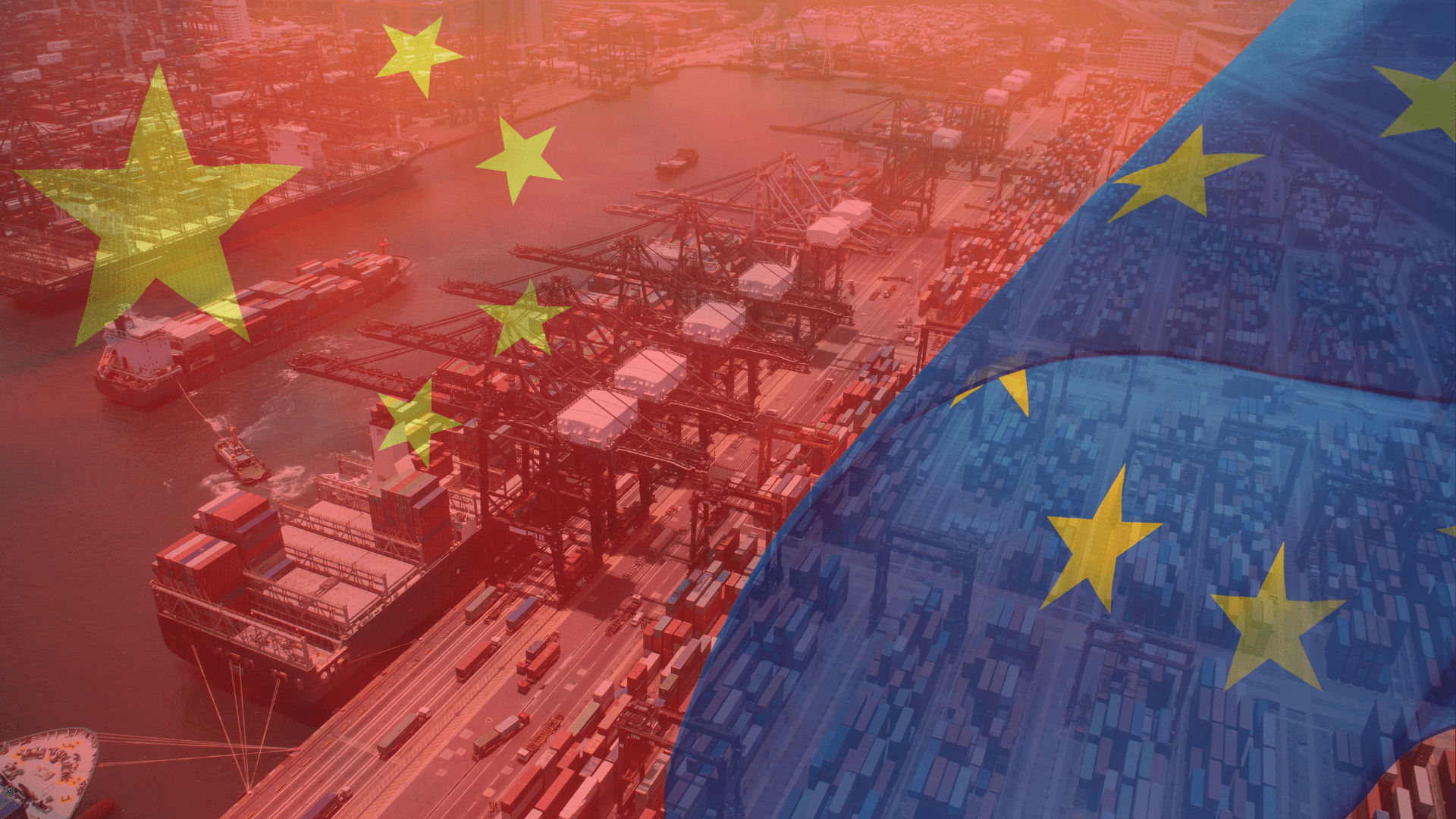 An image of the EU & China flag with a supply chain image.